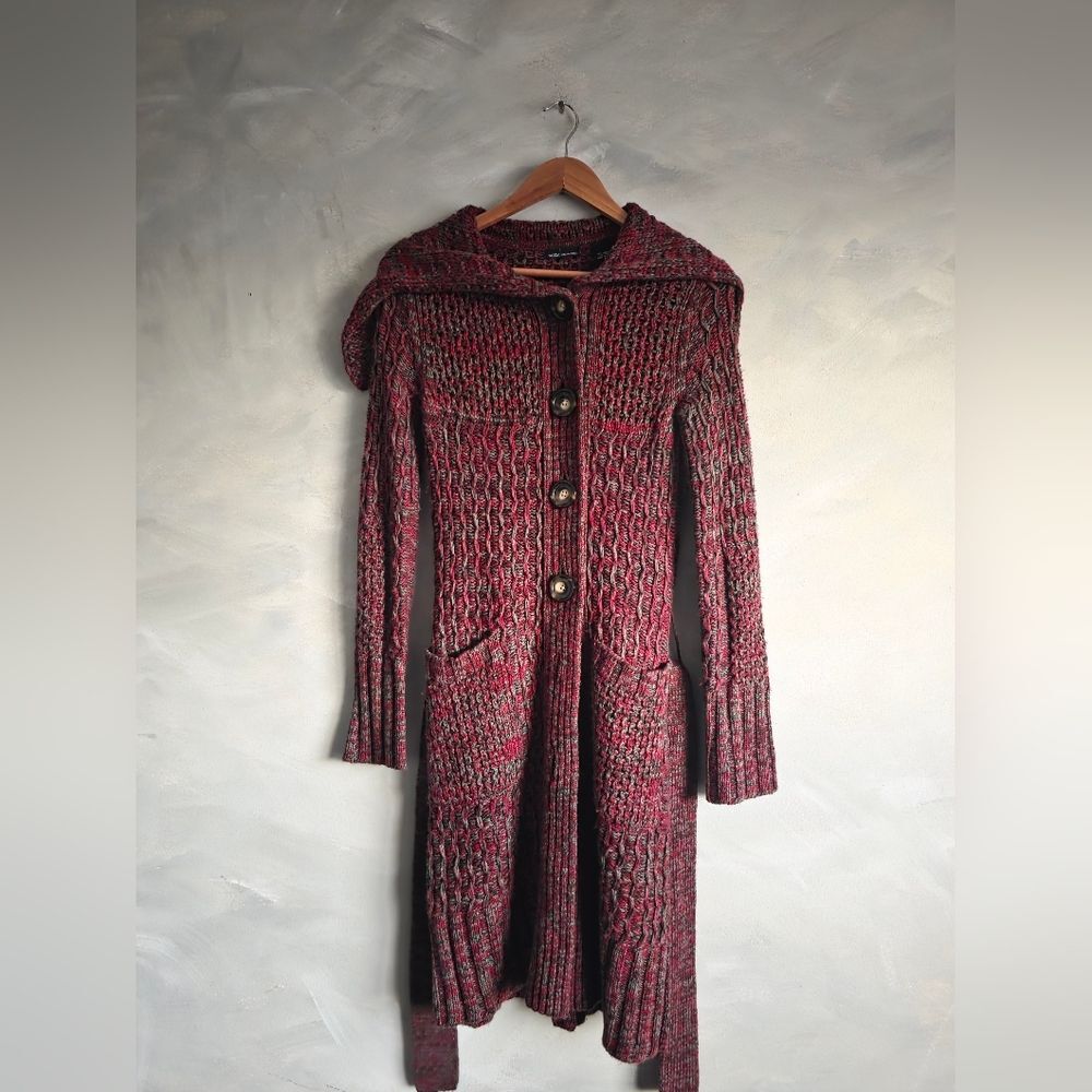 Moda International Long Burgundy Gray Belted Crochet Knit Long Button Cardigan M